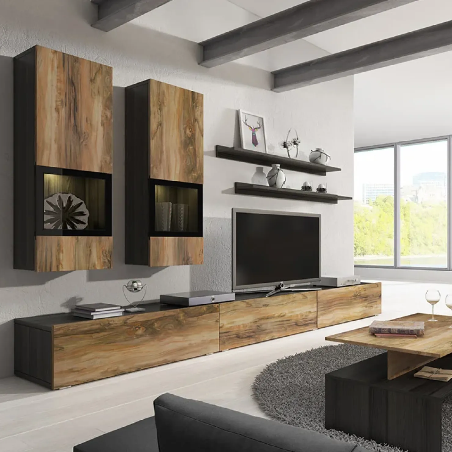 Garnero Arredamenti Parete attrezzata 270x176h cm moderna noce antico nero frassinato Emotion Gihome® Nero Frassinato - Noce Outlet