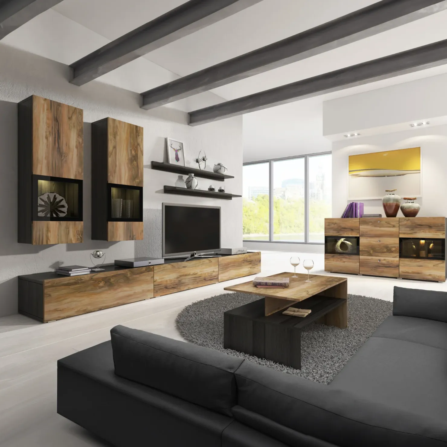 Garnero Arredamenti Parete attrezzata 270x176h cm moderna noce antico nero frassinato Emotion Gihome® Nero Frassinato - Noce Outlet