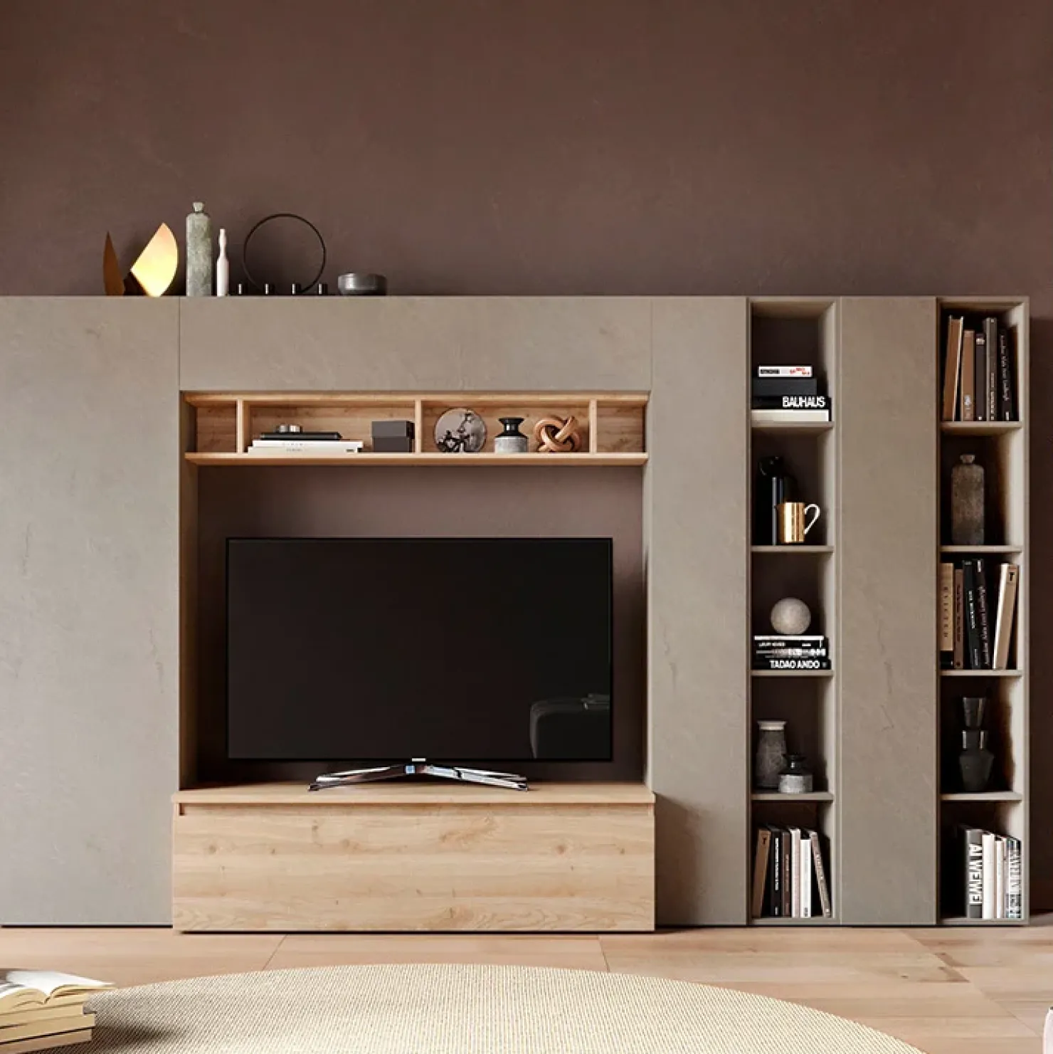 Garnero Arredamenti Parete attrezzata 305x186h cm moderna tortora rovere chiaro Sunset 36 Rovere - Tortora New