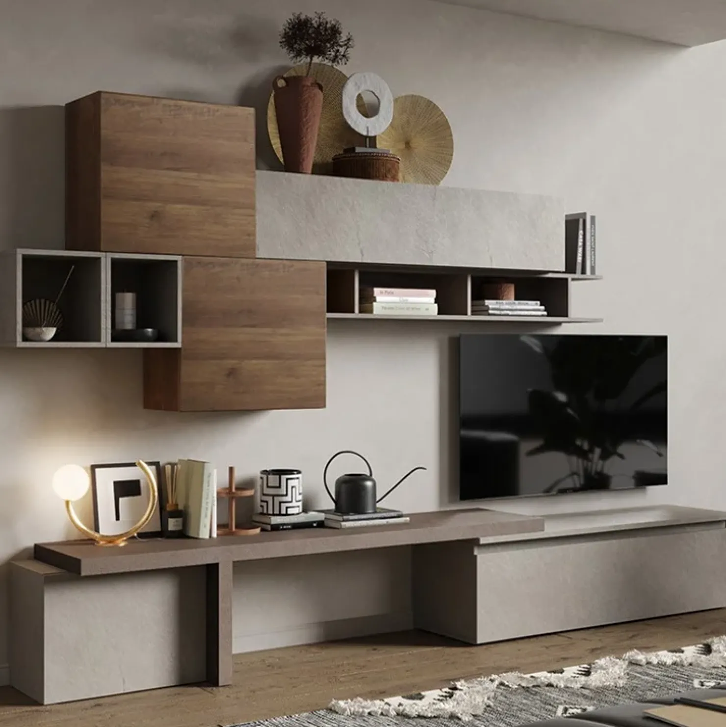 Garnero Arredamenti Parete attrezzata 330x195h cm moderna tortora marrone rovere Sunset 28 Tortora - Noce Hot