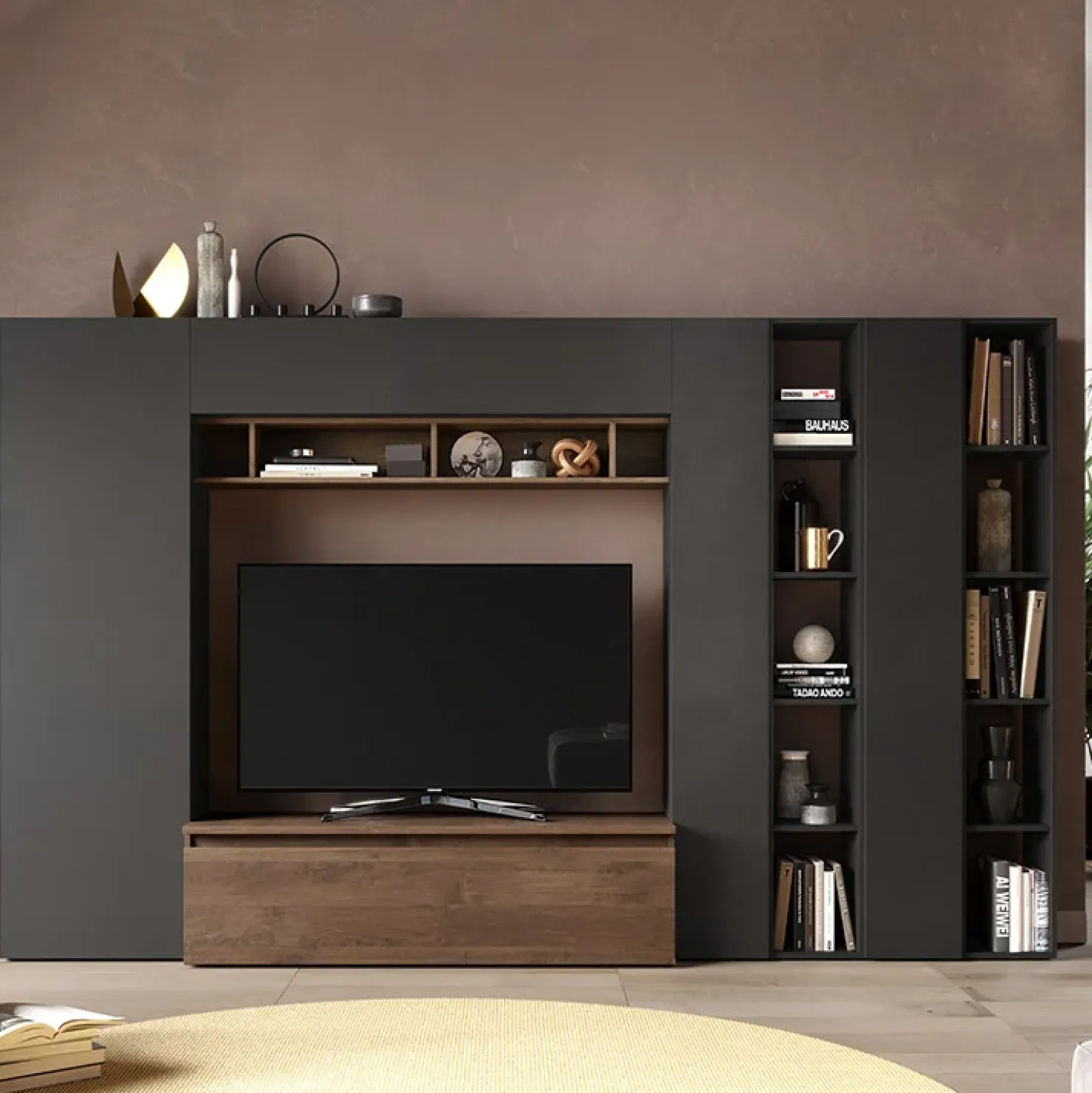 Garnero Arredamenti Parete attrezzata 305x186h cm moderna ossido nero rovere Sunset 36 Antracite - Noce Discount