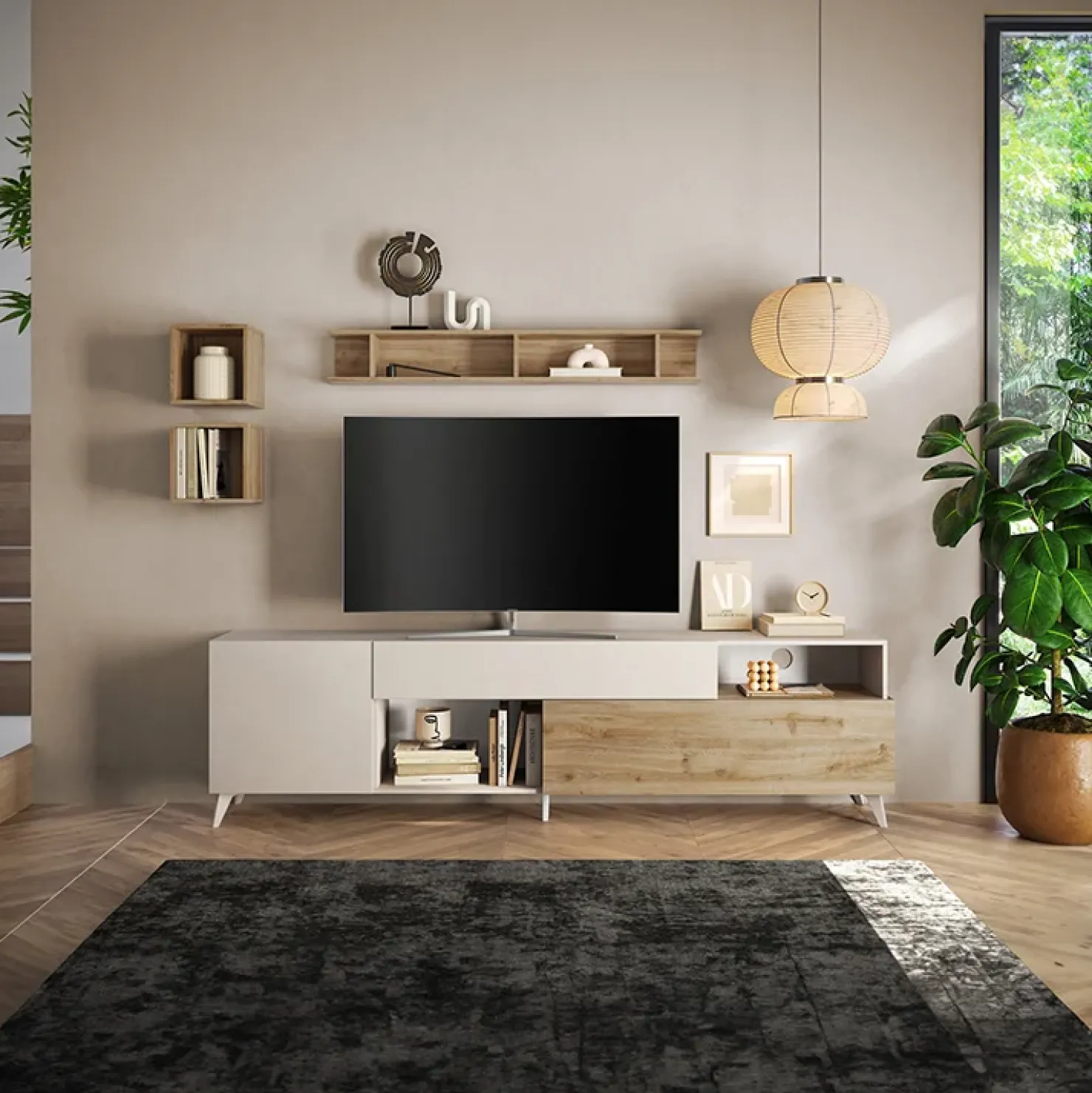 Garnero Arredamenti Parete attrezzata 241x176h cm moderna beige rovere chiaro Witty Rovere - Beige Hot