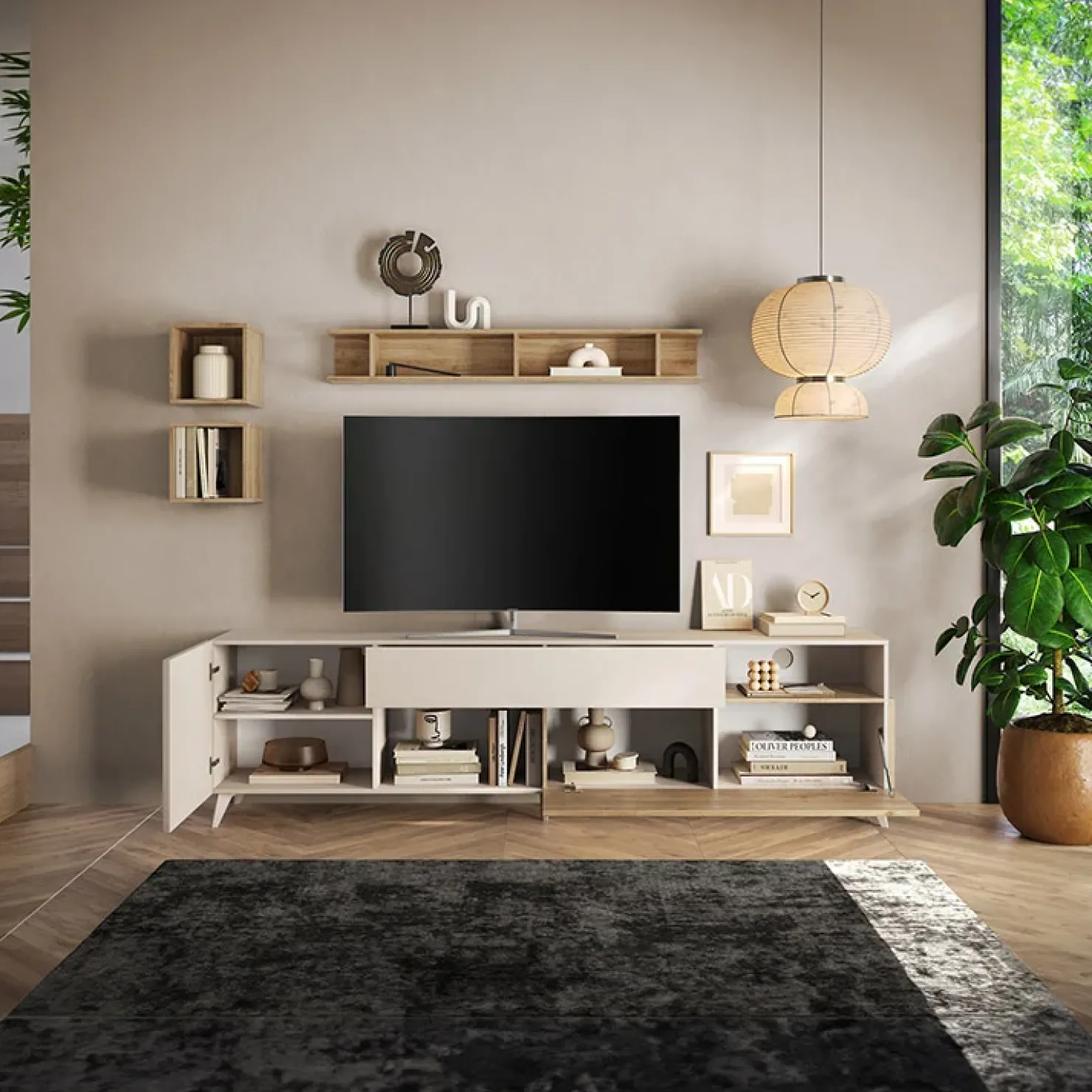 Garnero Arredamenti Parete attrezzata 241x176h cm moderna beige rovere chiaro Witty Rovere - Beige Hot