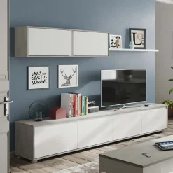 Garnero Arredamenti Parete attrezzata 200x145h cm moderna soggiorno bianco cemento Itaca Cemento - Bianco opaco New