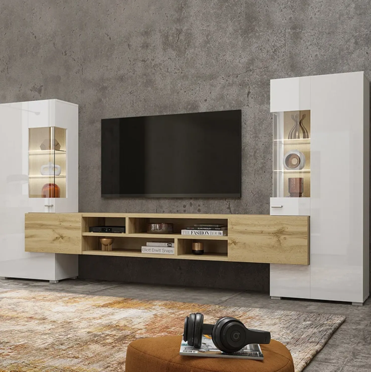 Garnero Arredamenti Parete attrezzata 270x143h cm moderna bianco rovere Maserati Rovere - Bianco Lucido