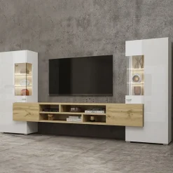 Garnero Arredamenti Parete attrezzata 270x143h cm moderna bianco rovere Maserati Rovere - Bianco Lucido