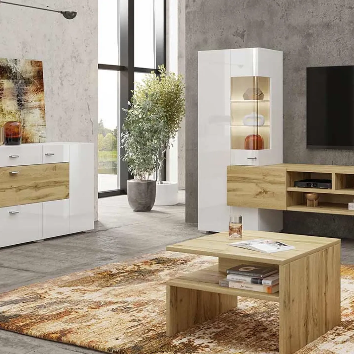 Garnero Arredamenti Parete attrezzata 270x143h cm moderna bianco rovere Maserati Rovere - Bianco Lucido