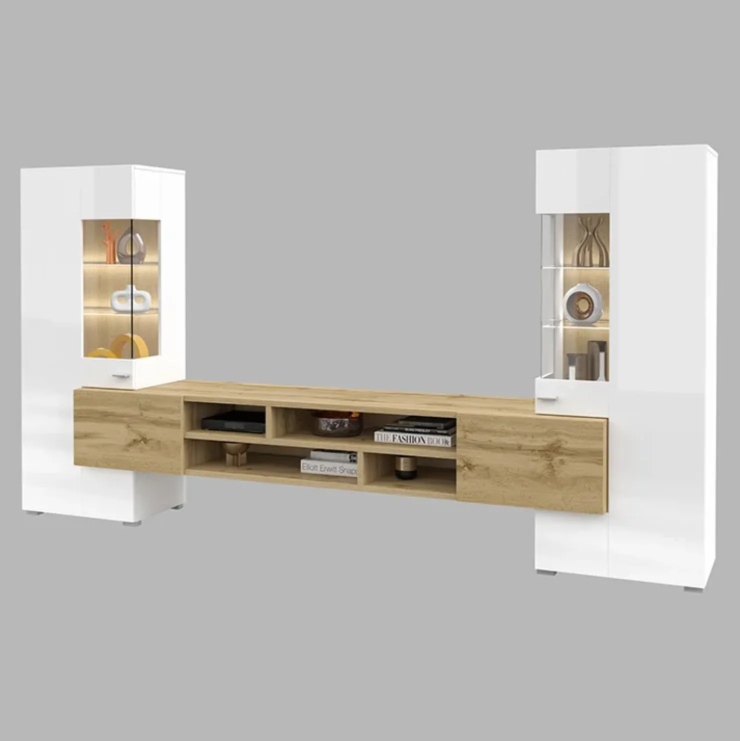 Garnero Arredamenti Parete attrezzata 270x143h cm moderna bianco rovere Maserati Rovere - Bianco Lucido