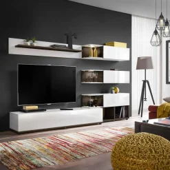 Garnero Arredamenti Parete attrezzata 240x150h cm moderna wengè bianco Oviedo Gihome® Bianco Lucido - Wengè Outlet