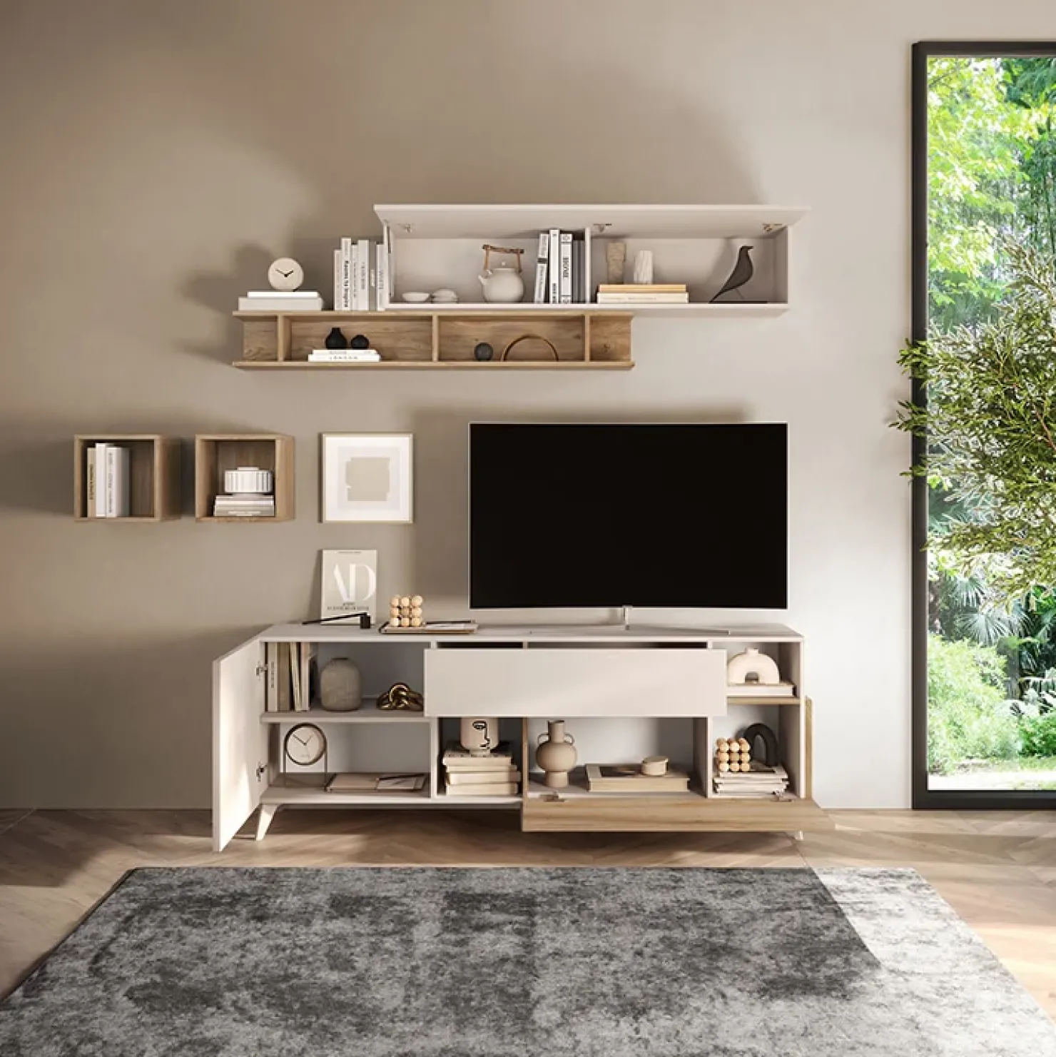 Garnero Arredamenti Parete attrezzata 181x205h cm moderna beige rovere chiaro Witty Rovere - Beige Best