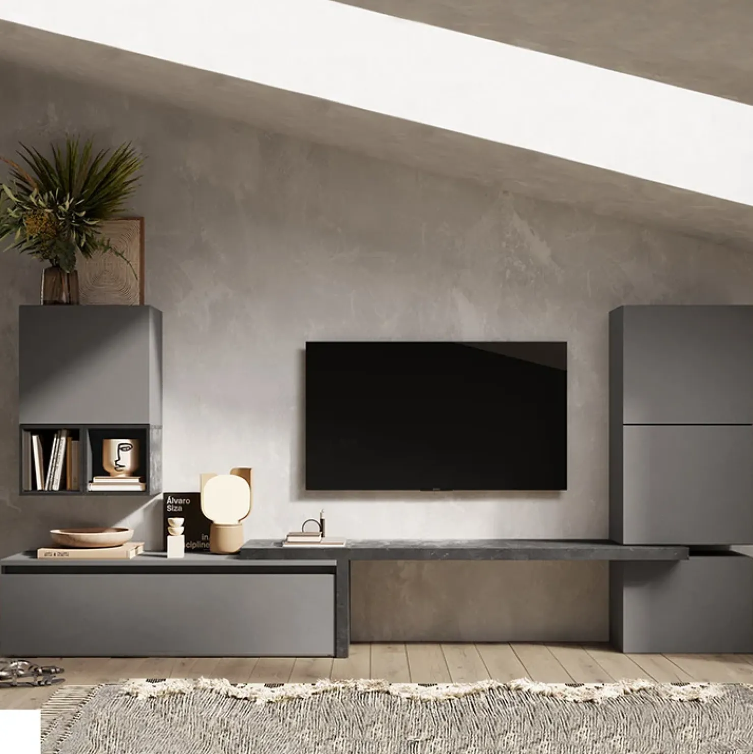 Garnero Arredamenti Parete attrezzata 322x140h cm moderna grigio scuro antracite Sunset 18 Antracite - Grigio New