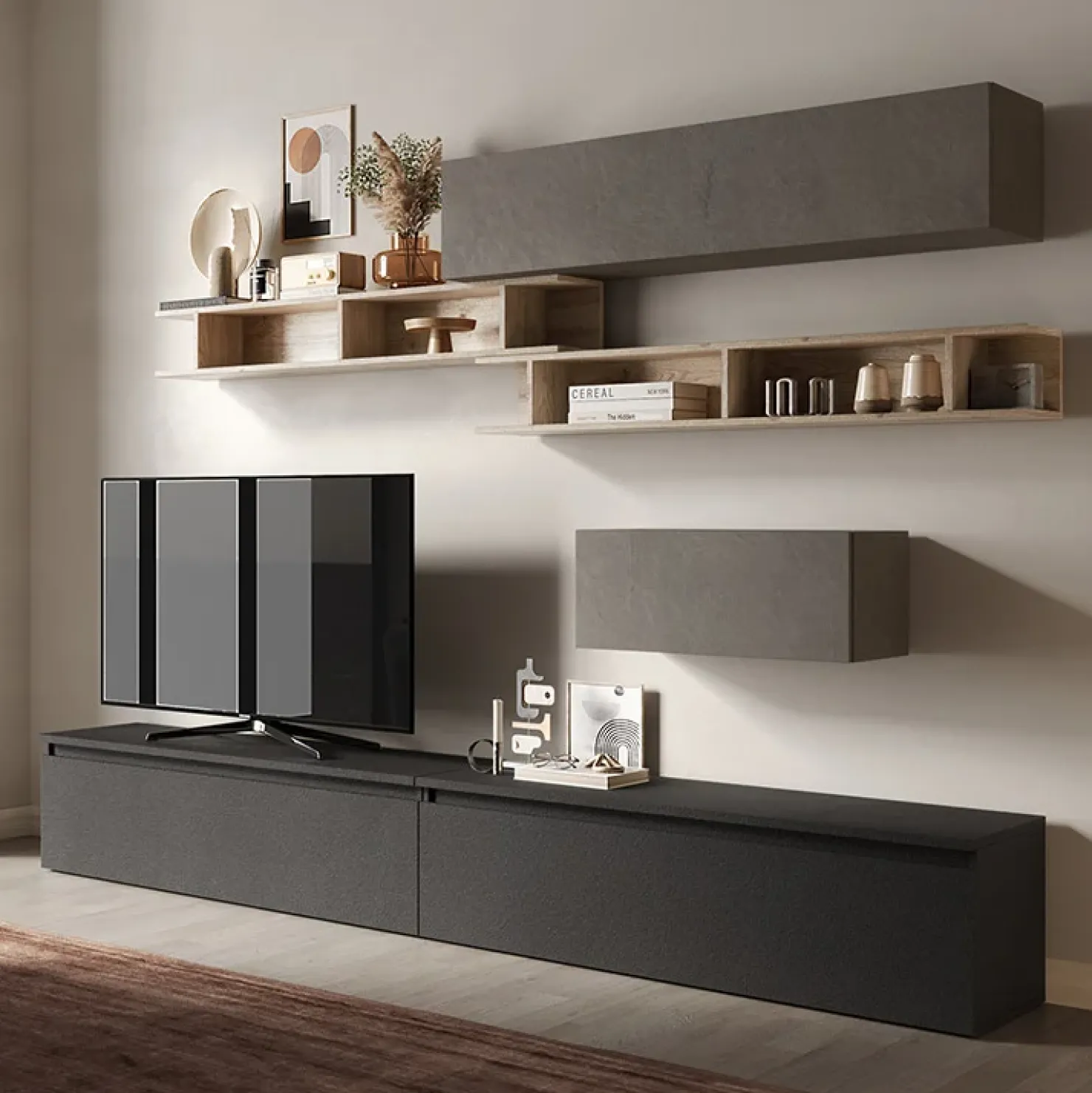 Garnero Arredamenti Parete attrezzata 276x190h cm moderna antracite rovere scuro Sunset 39 Antracite - Grigio New