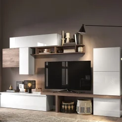 Garnero Arredamenti Parete attrezzata 300x195h cm moderna rovere scuro bianco lucido Sunset 46 Bianco Lucido - Rovere Discount