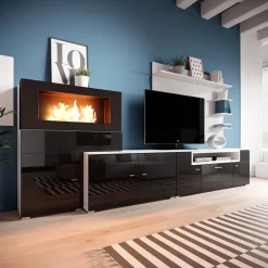 Garnero Arredamenti Parete attrezzata 288x170h cm nera camino bioetanolo Olympo Nero Lucido - Bianco opaco Online