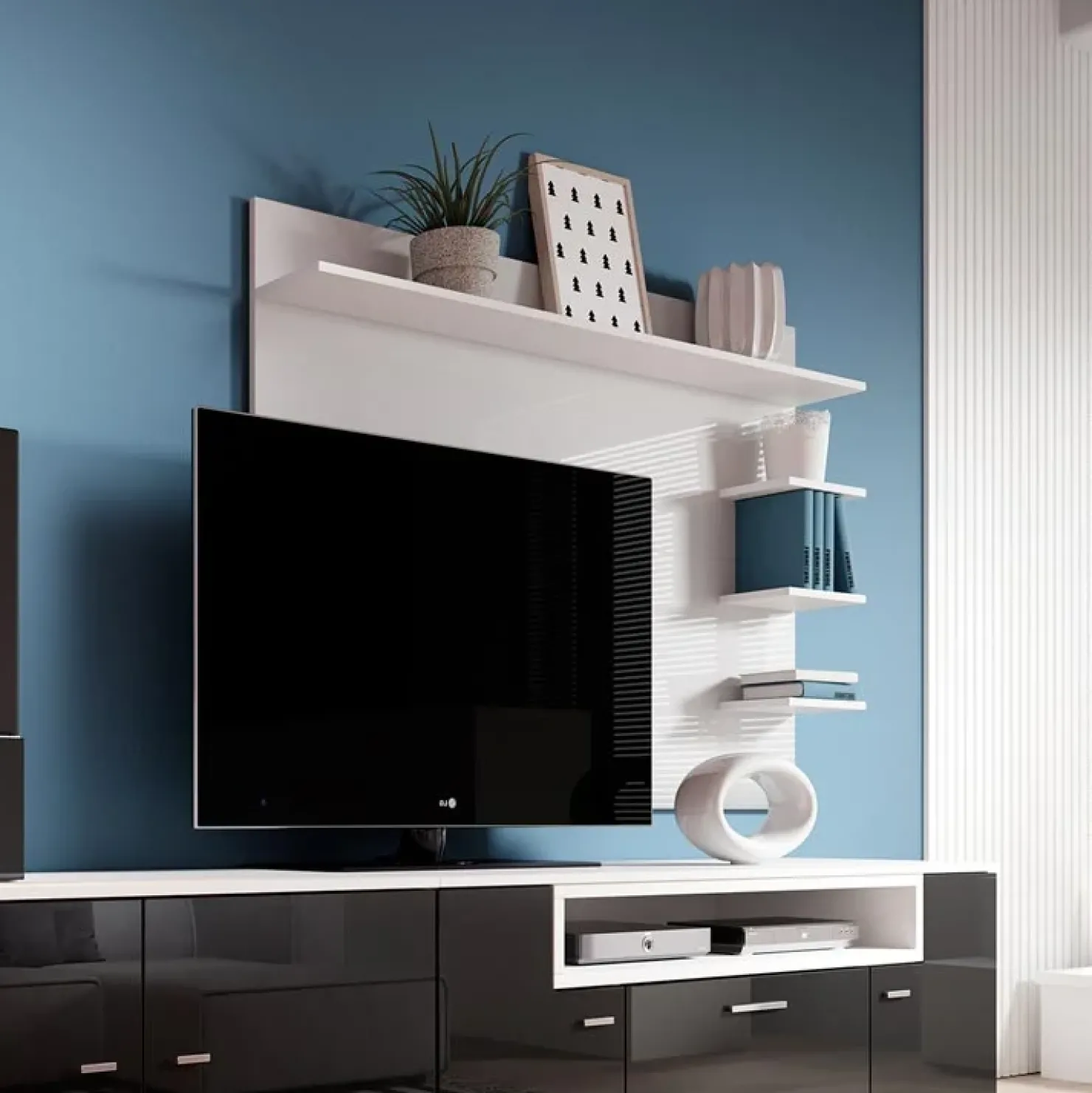 Garnero Arredamenti Parete attrezzata 288x170h cm nera camino bioetanolo Olympo Nero Lucido - Bianco opaco Online