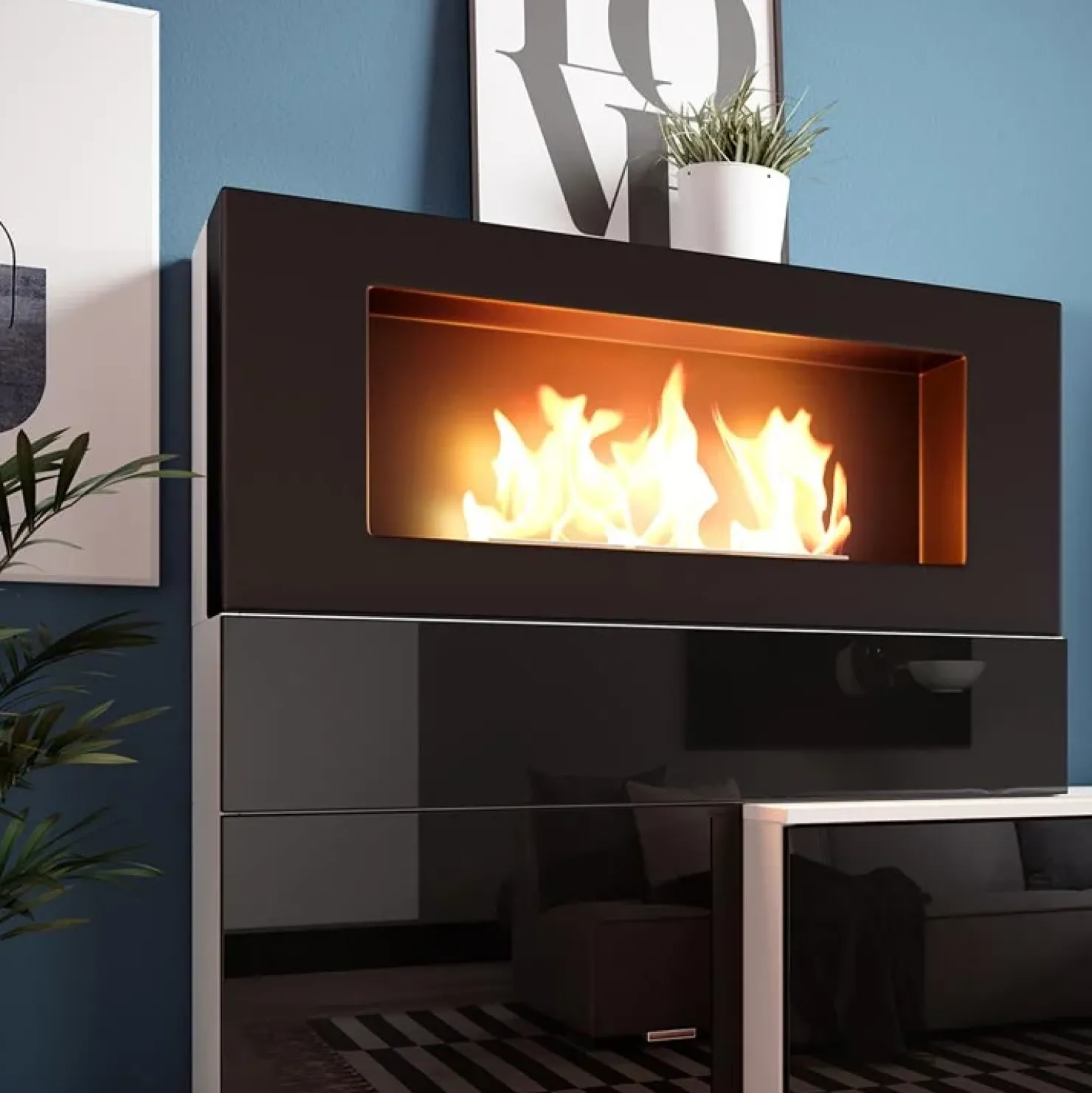 Garnero Arredamenti Parete attrezzata 288x170h cm nera camino bioetanolo Olympo Nero Lucido - Bianco opaco Online