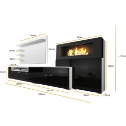 Garnero Arredamenti Parete attrezzata 288x170h cm nera camino bioetanolo Olympo Nero Lucido - Bianco opaco Online
