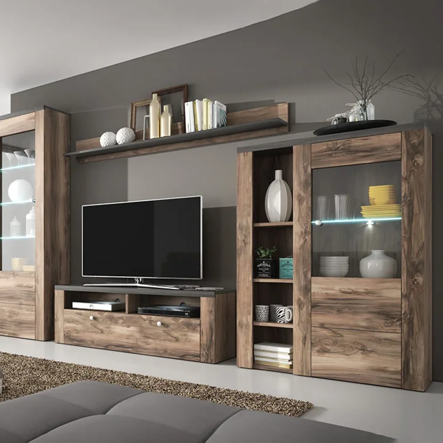 Garnero Arredamenti Parete attrezzata 325x206h cm noce rovere grigio Paloma 2 Noce - Grigio Hot