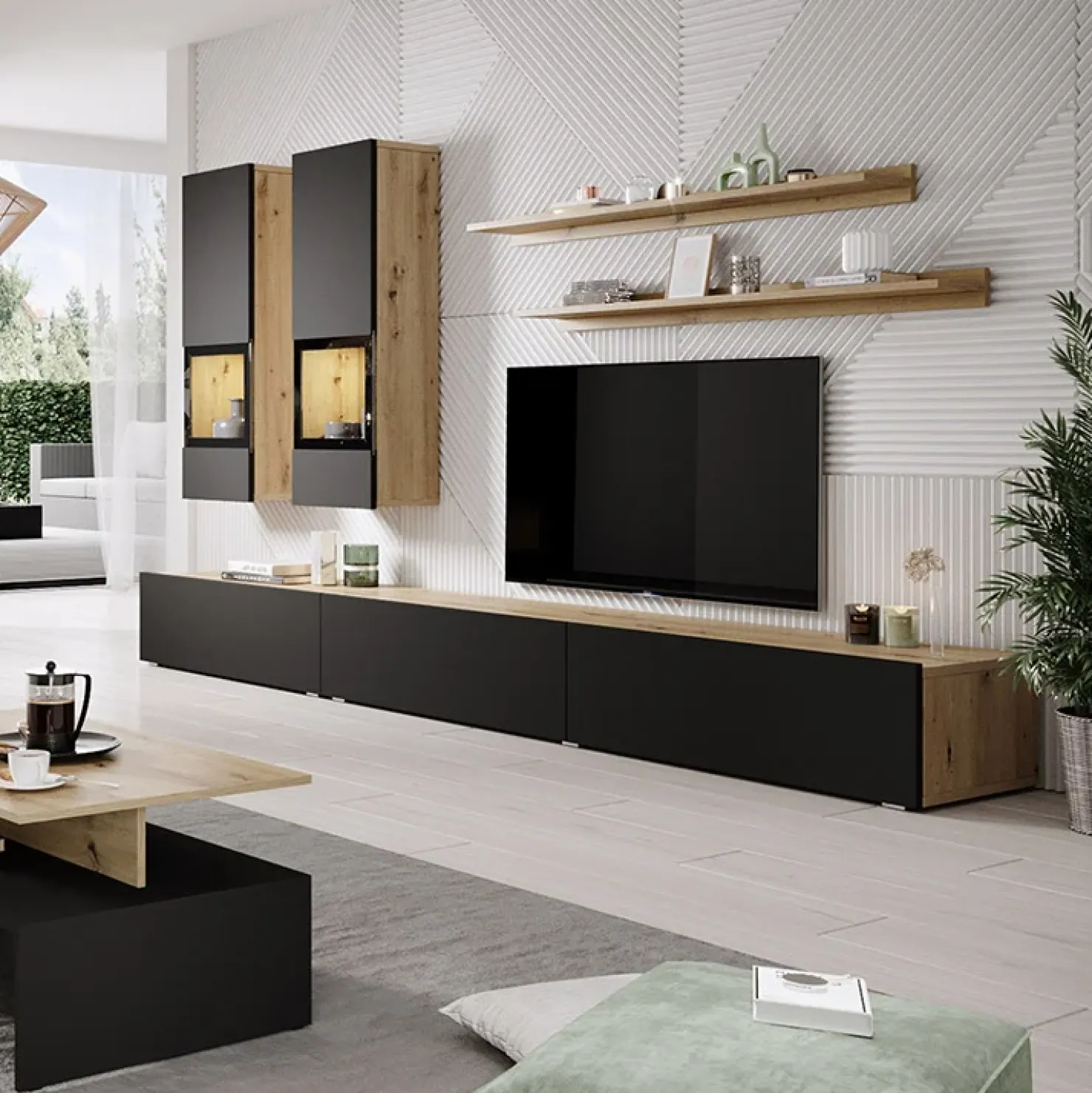 Garnero Arredamenti Parete attrezzata 270x176h cm rovere chiaro nero Emotion Gihome® Rovere - Nero opaco Online