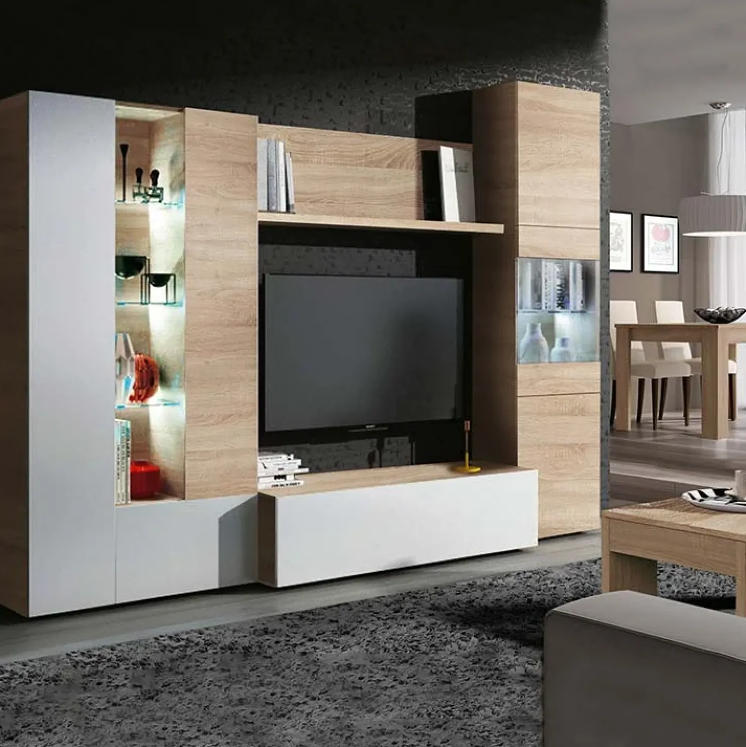 Garnero Arredamenti Parete attrezzata 260x185h cm soggiorno rovere bianco lucido Gary Hot