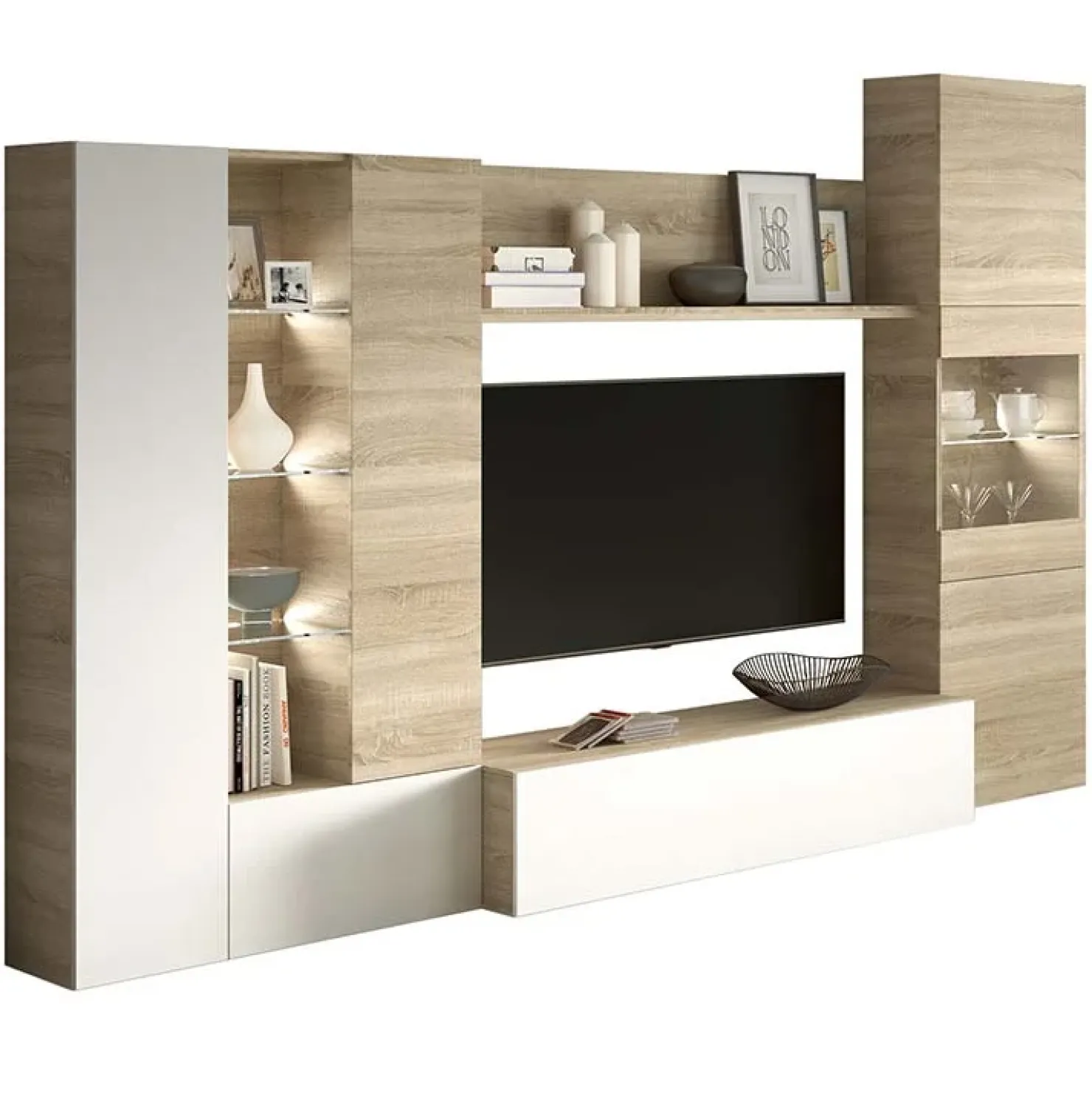 Garnero Arredamenti Parete attrezzata 260x185h cm soggiorno rovere bianco lucido Gary Hot