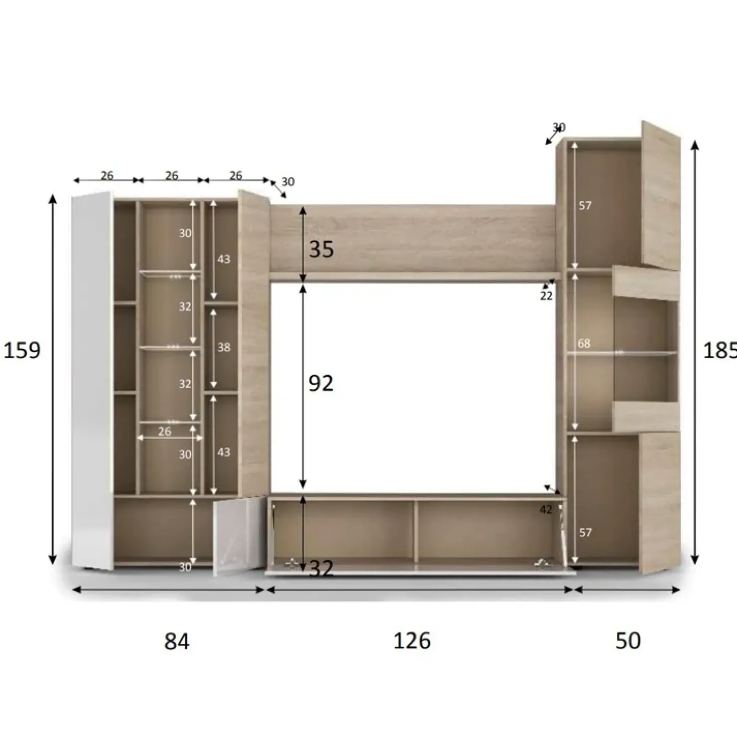 Garnero Arredamenti Parete attrezzata 260x185h cm soggiorno rovere bianco lucido Gary Hot