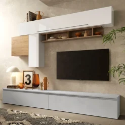 Garnero Arredamenti Parete attrezzata 276x190h cm soggiorno bianco rovere grigio chiaro Sunset 17 Grigio chiaro - Bianco Lucido Outlet