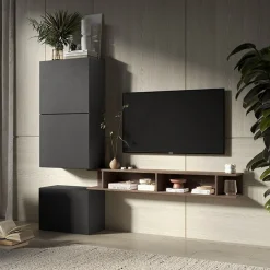 Garnero Arredamenti Parete attrezzata 180x160h cm soggiorno ossido nero rovere scuro Sunset 51 Noce - Ossido New