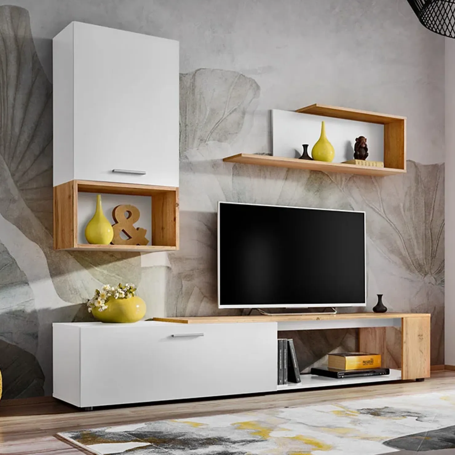 Garnero Arredamenti Parete attrezzata 200x180h cm soggiorno bianco opaco rovere Caravaggio 2 Bianco Opaco - Rovere Rustico Discount