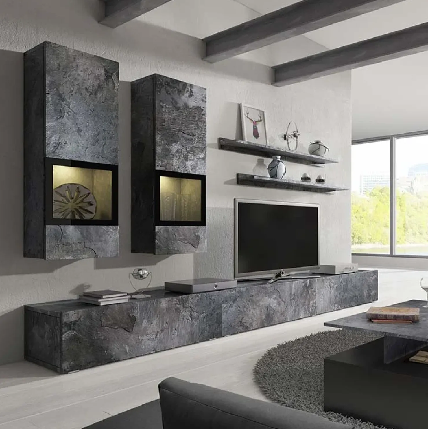 Garnero Arredamenti Parete attrezzata 270x176h cm soggiorno nero Emotion Gihome® Ossido Best