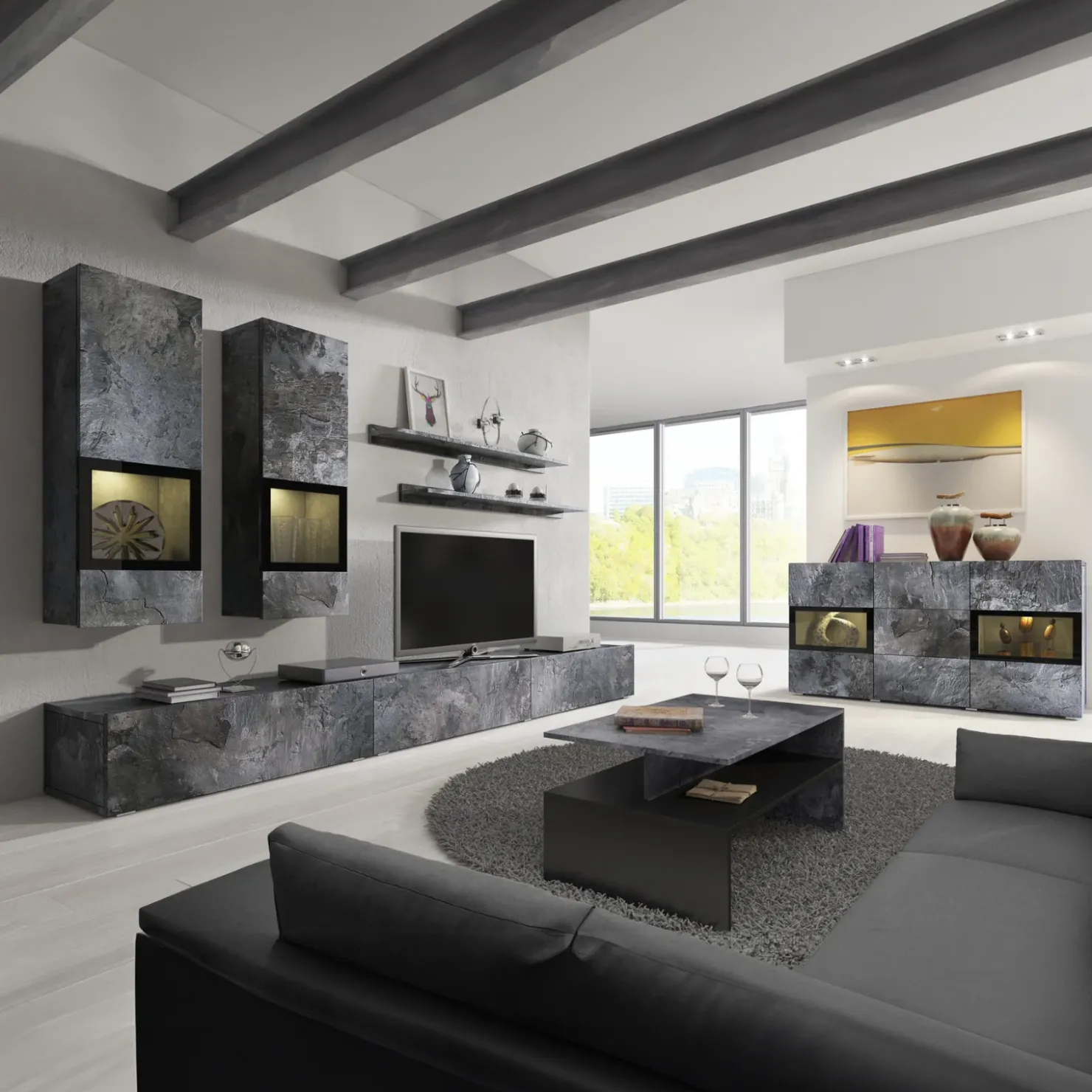 Garnero Arredamenti Parete attrezzata 270x176h cm soggiorno nero Emotion Gihome® Ossido Best