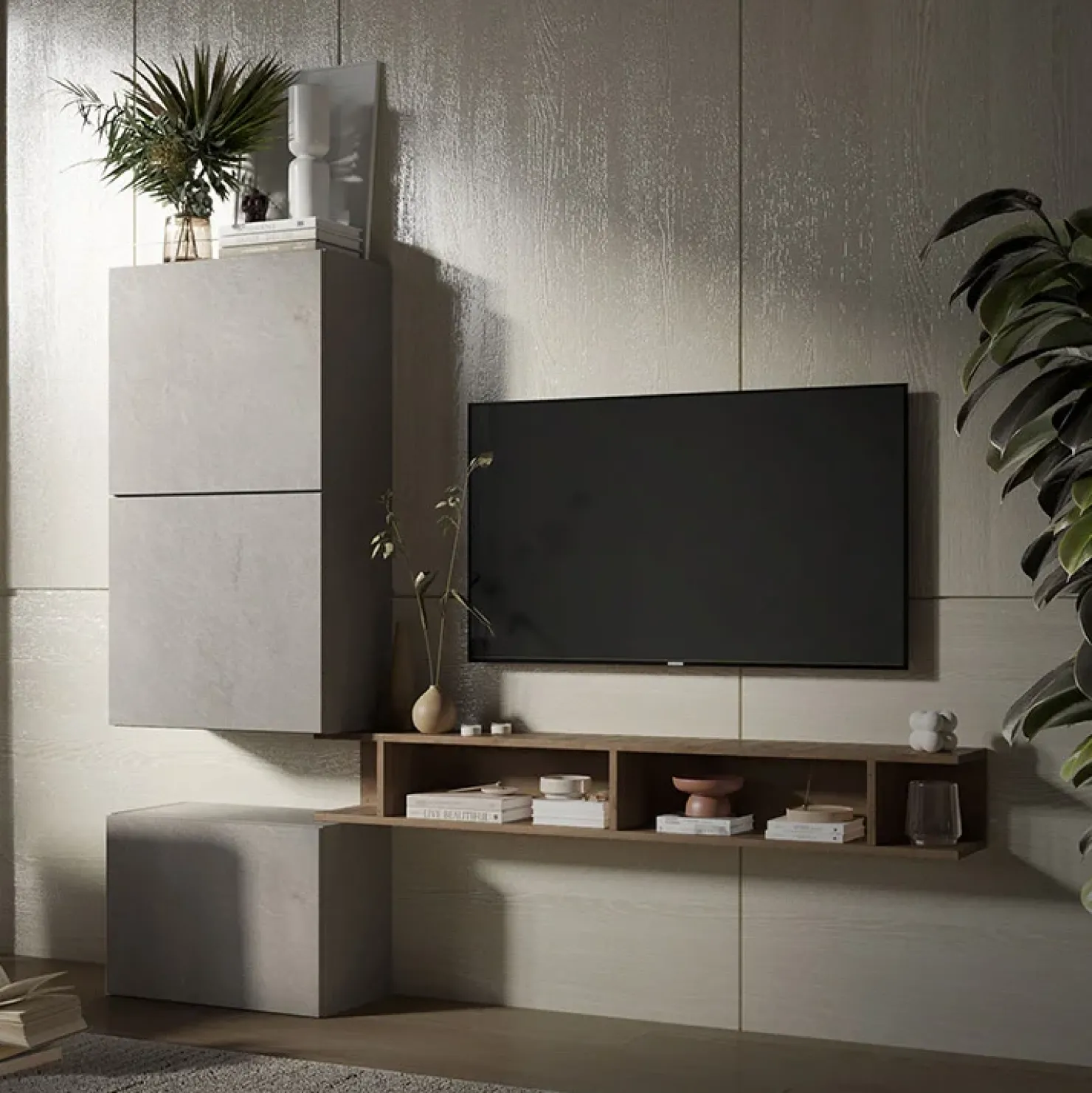 Garnero Arredamenti Parete attrezzata 180x160h cm soggiorno tortora rovere scuro Sunset 51 Rovere - Tortora Hot