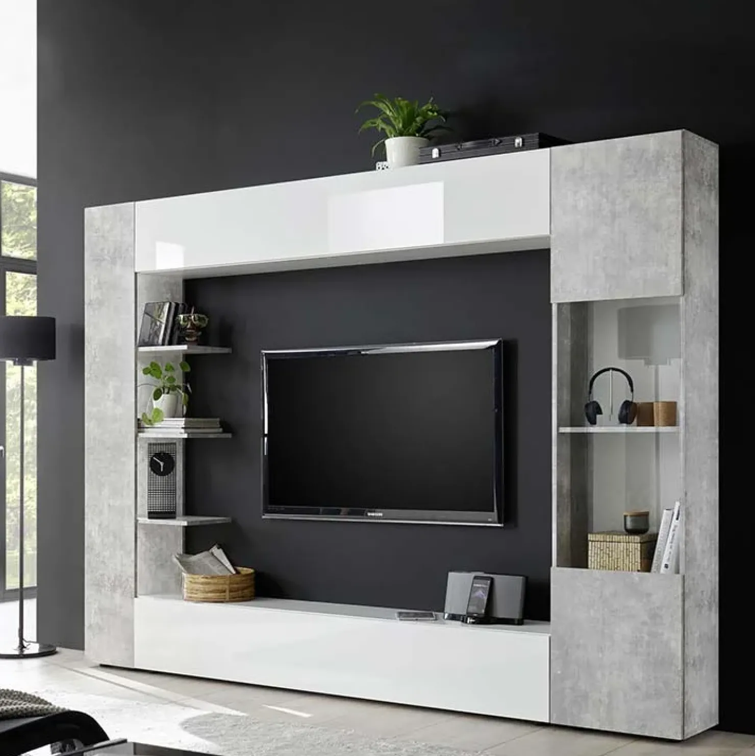 Garnero Arredamenti Parete attrezzata 257x187h cm soggiorno bianco lucido cemento Steppi 3 Outlet