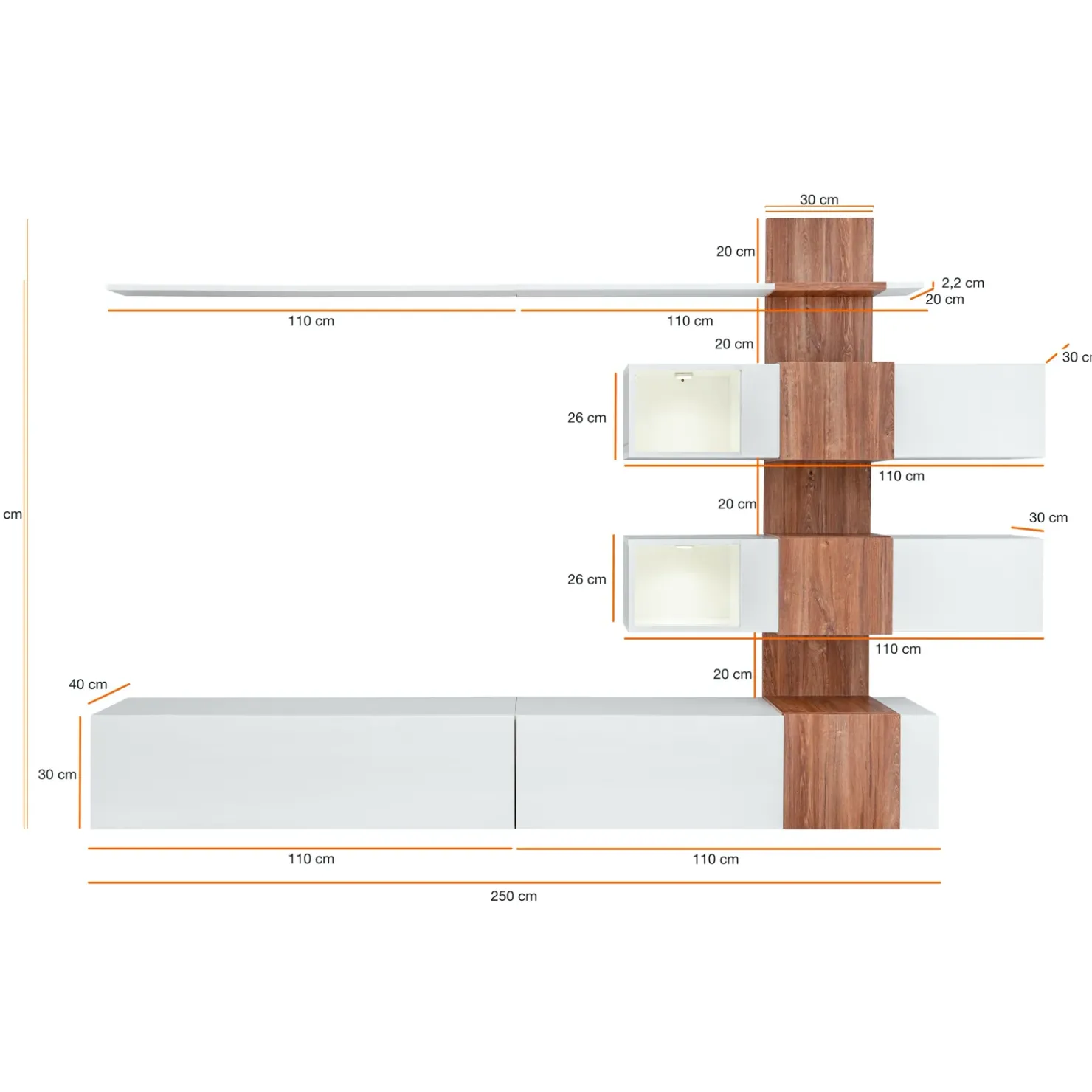 Garnero Arredamenti Parete attrezzata 250x160h cm soggiorno noce bianco lucido Coimbra Sale