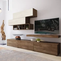 Garnero Arredamenti Parete attrezzata 270x183h cm soggiorno noce bianco spatolato America Gihome® Noce - Bianco Frassinato Clearance