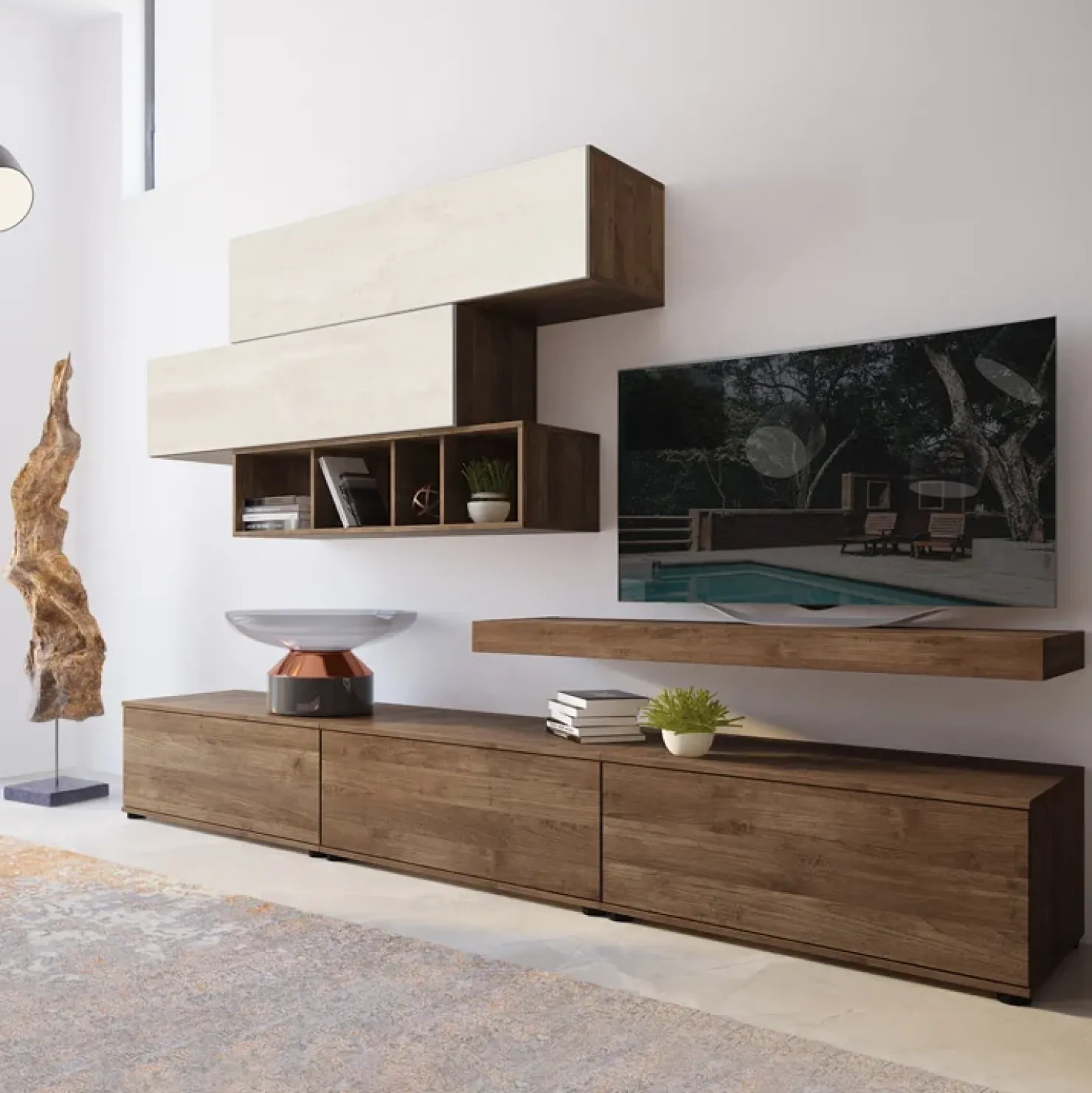 Garnero Arredamenti Parete attrezzata 270x183h cm soggiorno noce bianco spatolato America Gihome® Noce - Bianco Frassinato Clearance