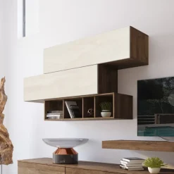 Garnero Arredamenti Parete attrezzata 270x183h cm soggiorno noce bianco spatolato America Gihome® Noce - Bianco Frassinato Clearance