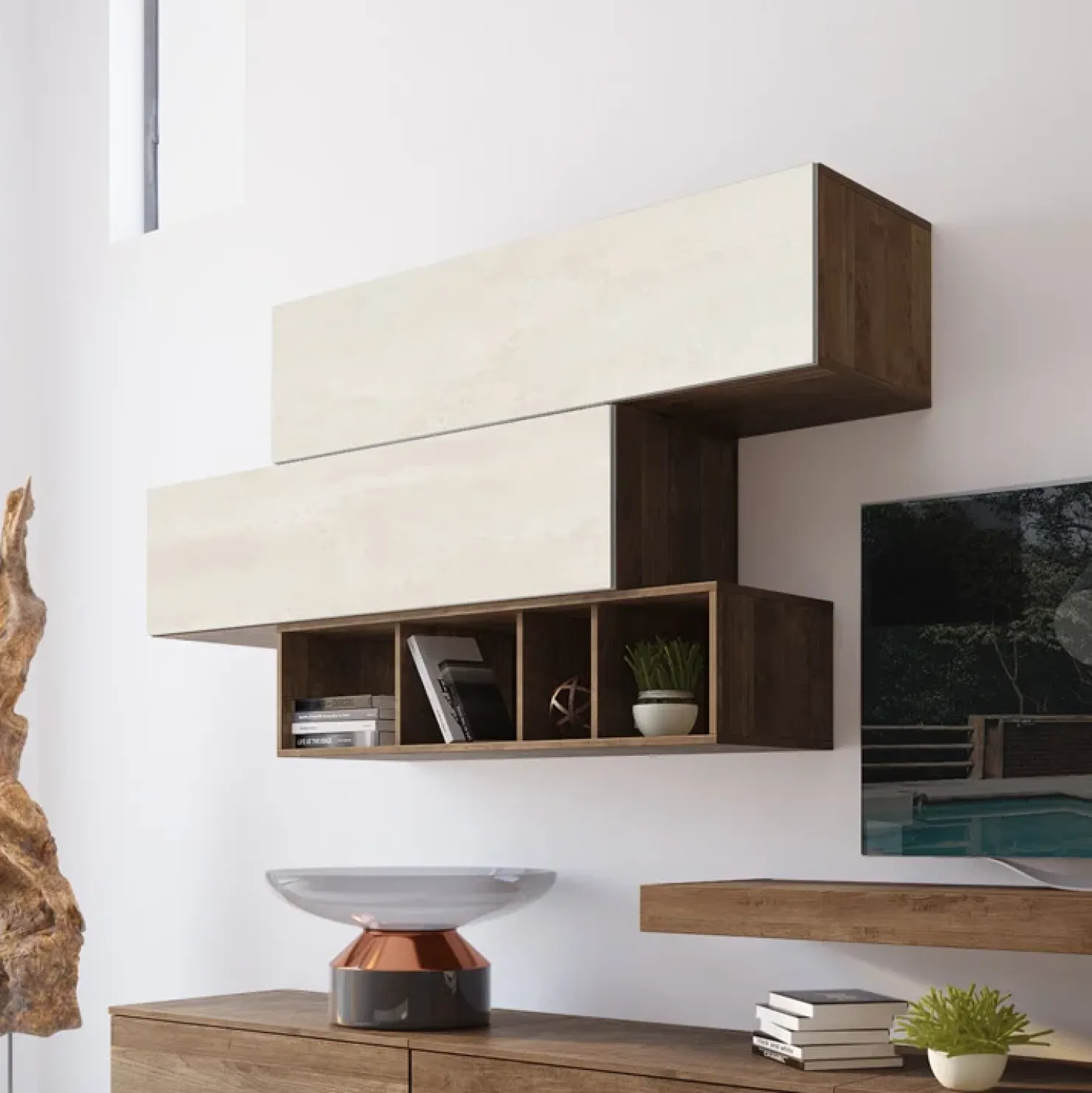 Garnero Arredamenti Parete attrezzata 270x183h cm soggiorno noce bianco spatolato America Gihome® Noce - Bianco Frassinato Clearance