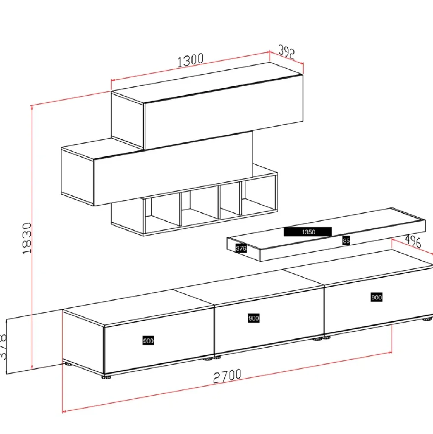Garnero Arredamenti Parete attrezzata 270x183h cm soggiorno noce bianco spatolato America Gihome® Noce - Bianco Frassinato Clearance