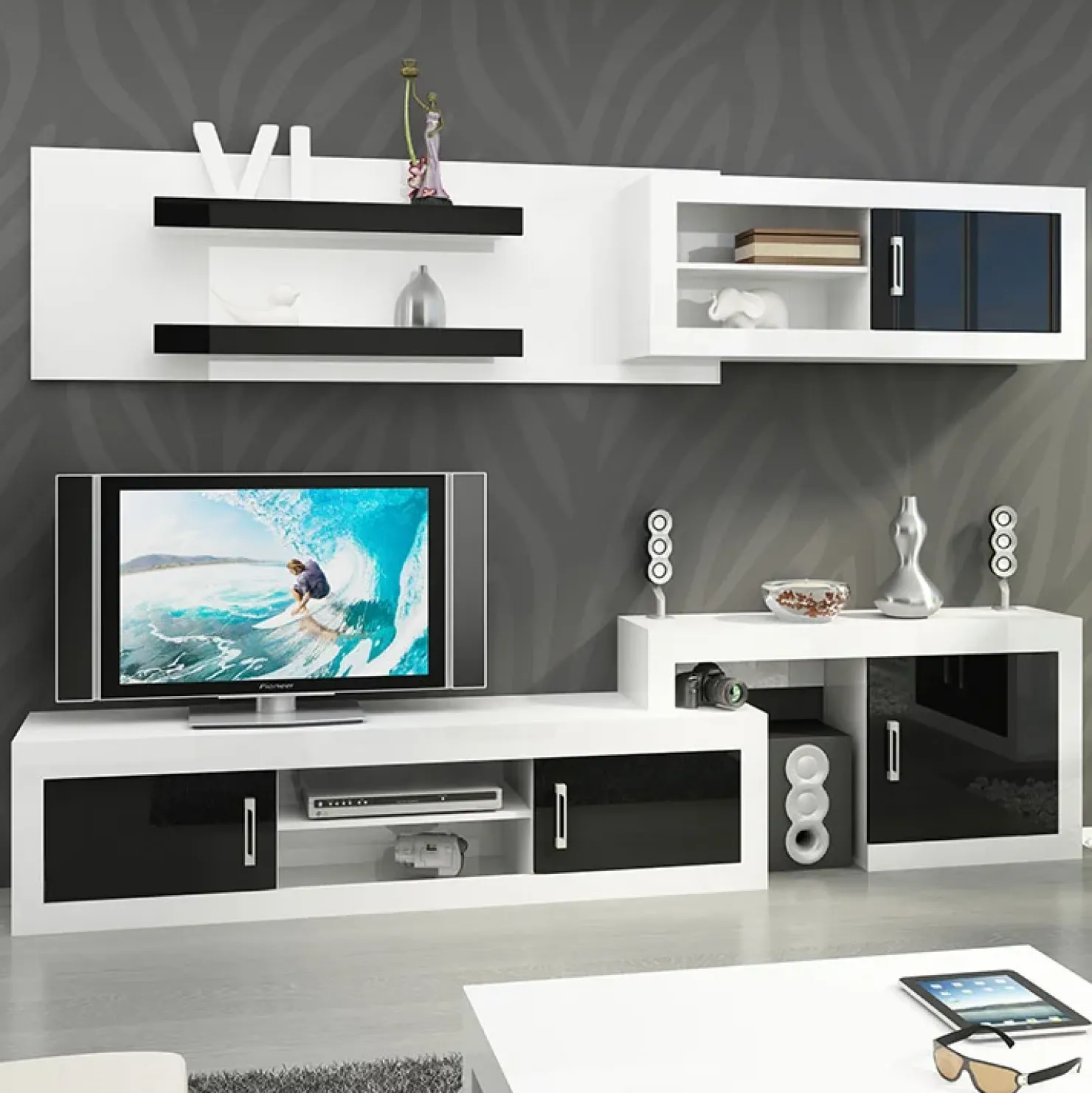 Garnero Arredamenti Parete attrezzata 240x210h cm soggiorno bianco opaco nero lucido Susan Gihome® Bianco Opaco - Nero Lucido