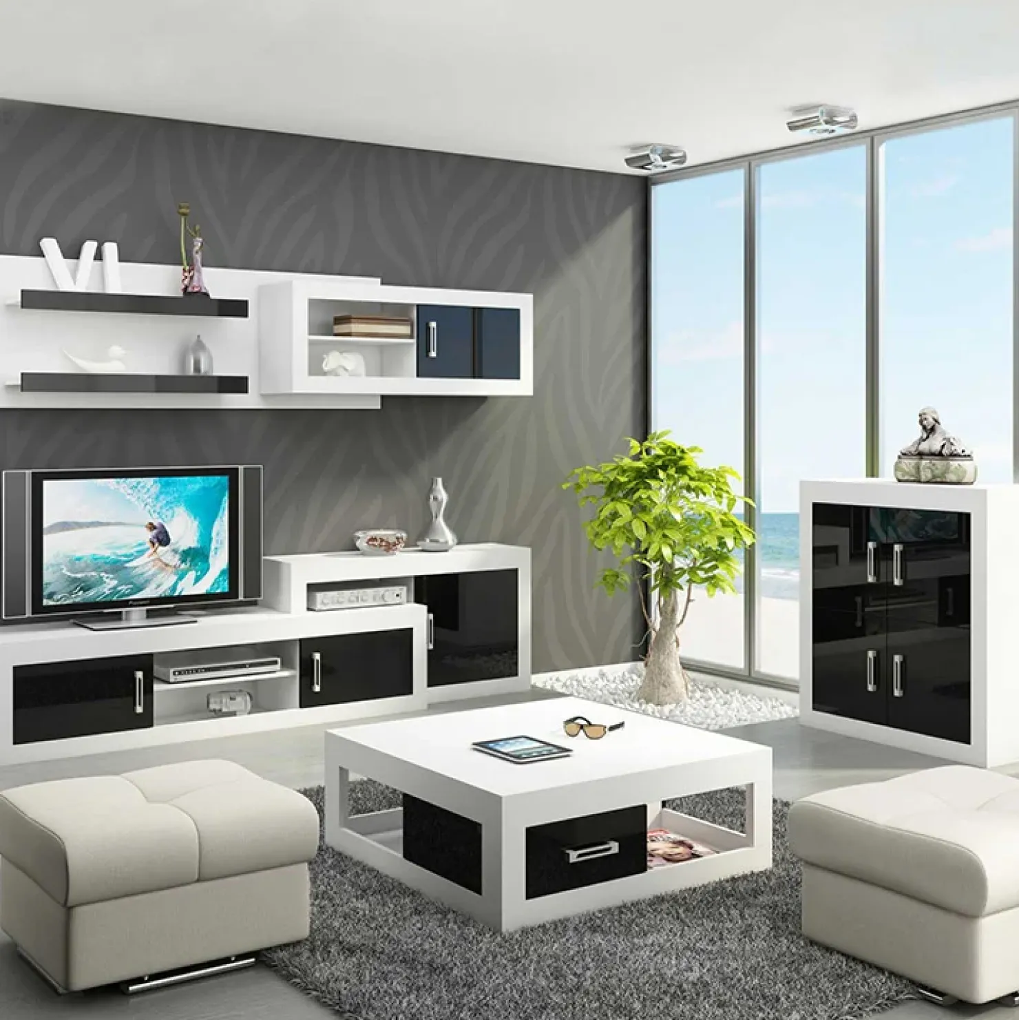 Garnero Arredamenti Parete attrezzata 240x210h cm soggiorno bianco opaco nero lucido Susan Gihome® Bianco Opaco - Nero Lucido