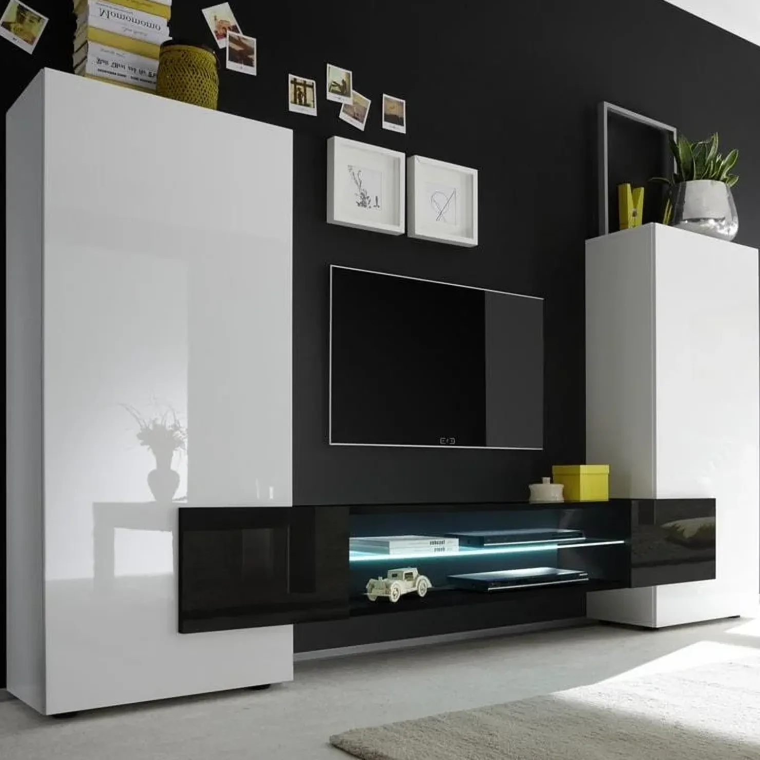 Garnero Arredamenti Parete attrezzata 258x143h cm soggiorno bianco nero lucido Starck Bianco Lucido - Nero Lucido Hot