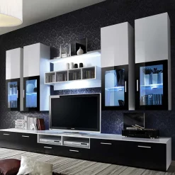 Garnero Arredamenti Parete attrezzata 300x190h cm soggiorno nero e bianco lucido Barrie Gihome® Nero Lucido - Bianco Lucido Sale