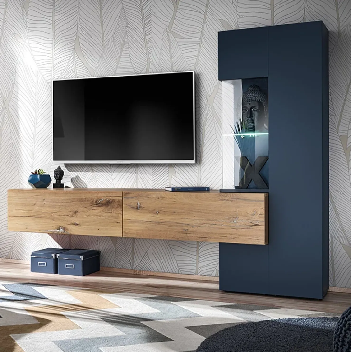 Garnero Arredamenti Parete attrezzata 210x162h cm soggiorno con led blu scuro rovere Feola Clearance