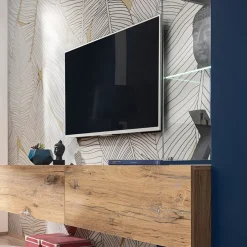 Garnero Arredamenti Parete attrezzata 210x162h cm soggiorno con led blu scuro rovere Feola Clearance