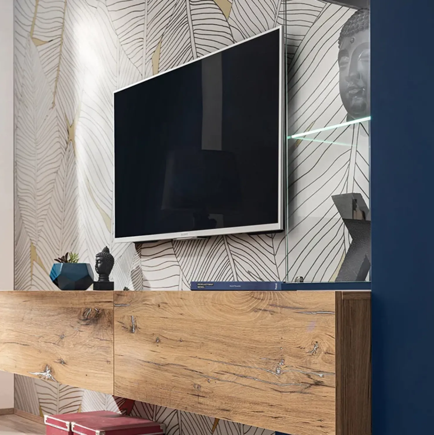 Garnero Arredamenti Parete attrezzata 210x162h cm soggiorno con led blu scuro rovere Feola Clearance