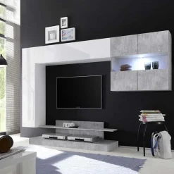 Garnero Arredamenti Parete attrezzata 248x175h cm soggiorno bianco lucido cemento Steppi 5 Bianco Lucido - Cemento