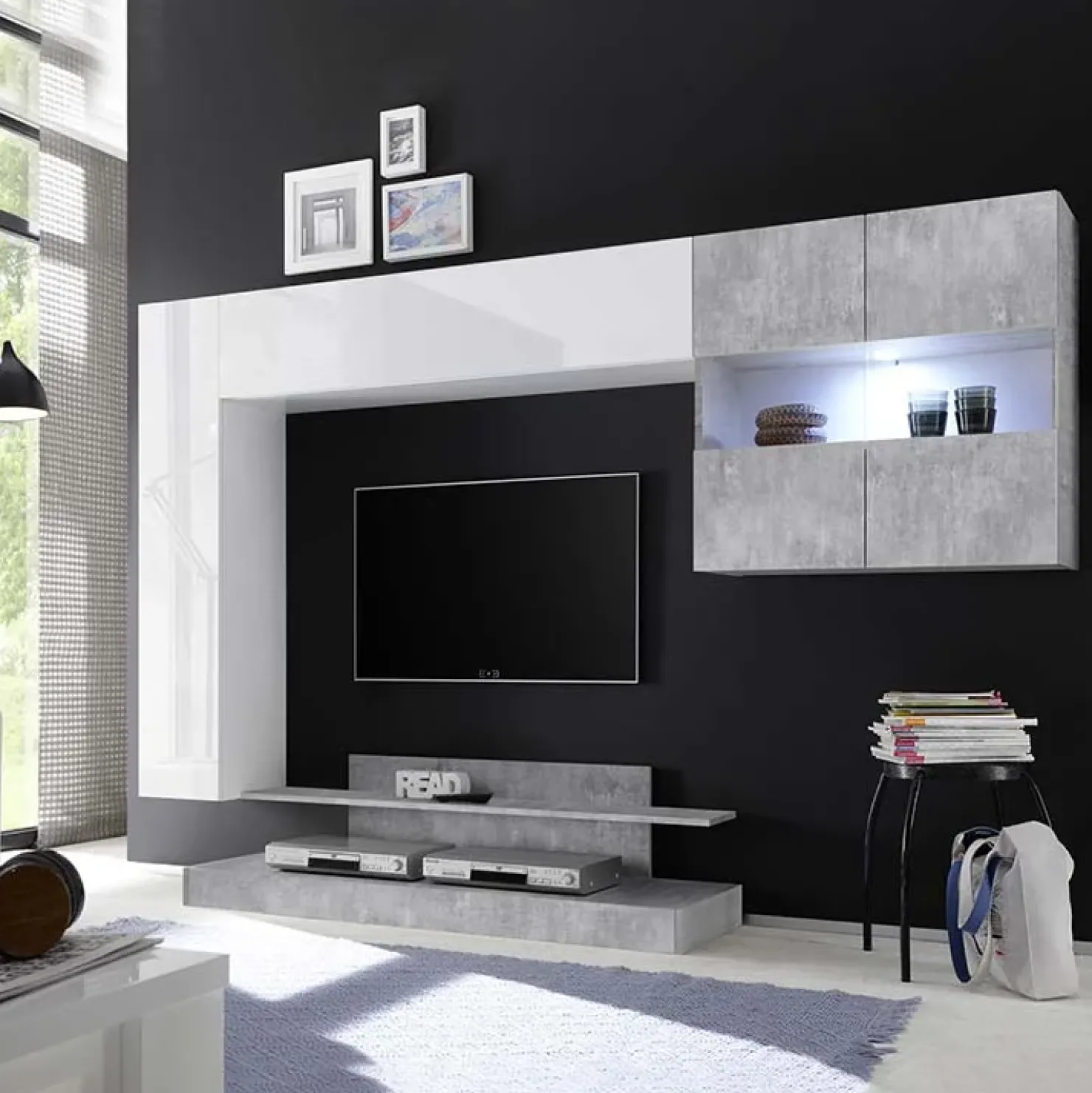 Garnero Arredamenti Parete attrezzata 248x175h cm soggiorno bianco lucido cemento Steppi 5 Bianco Lucido - Cemento