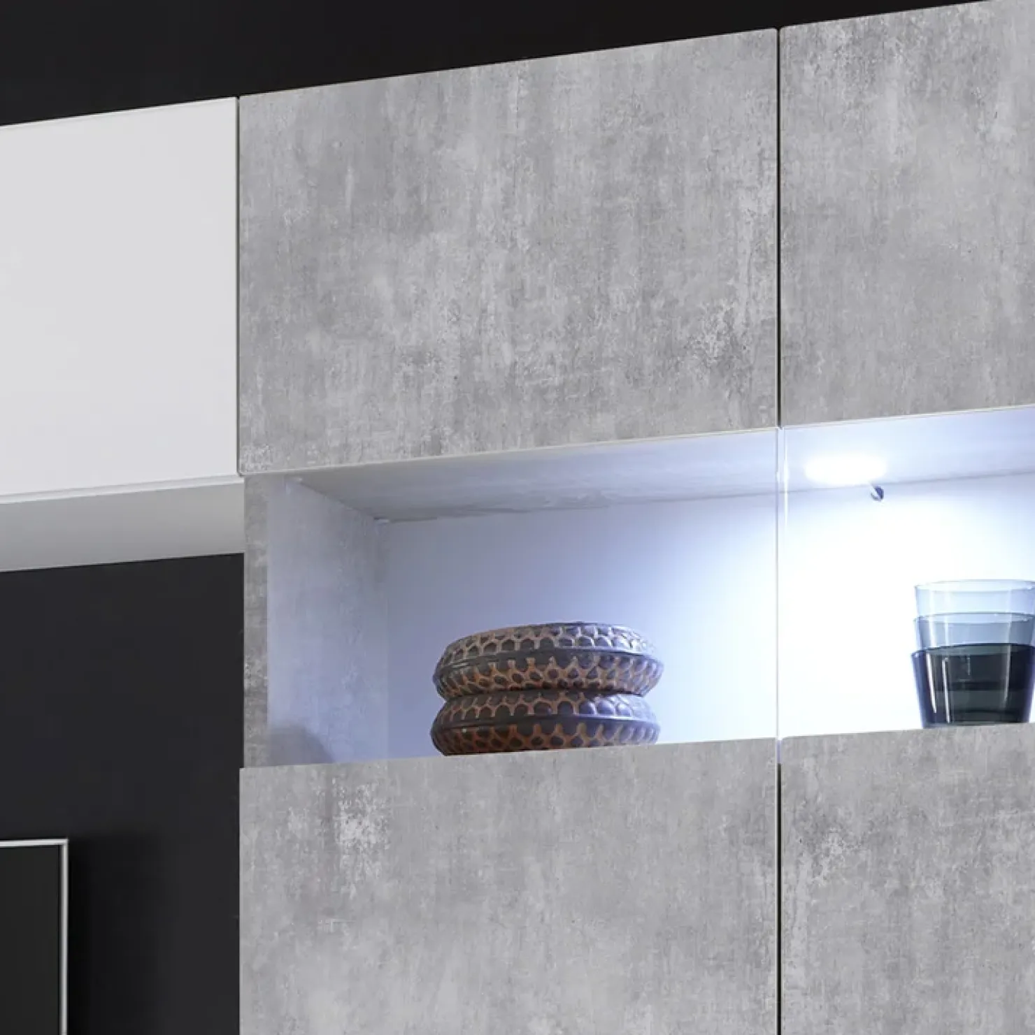 Garnero Arredamenti Parete attrezzata 248x175h cm soggiorno bianco lucido cemento Steppi 5 Bianco Lucido - Cemento