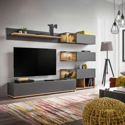 Garnero Arredamenti Parete attrezzata 240x150h cm soggiorno rovere antracite Oviedo Gihome® Antracite - Rovere Online